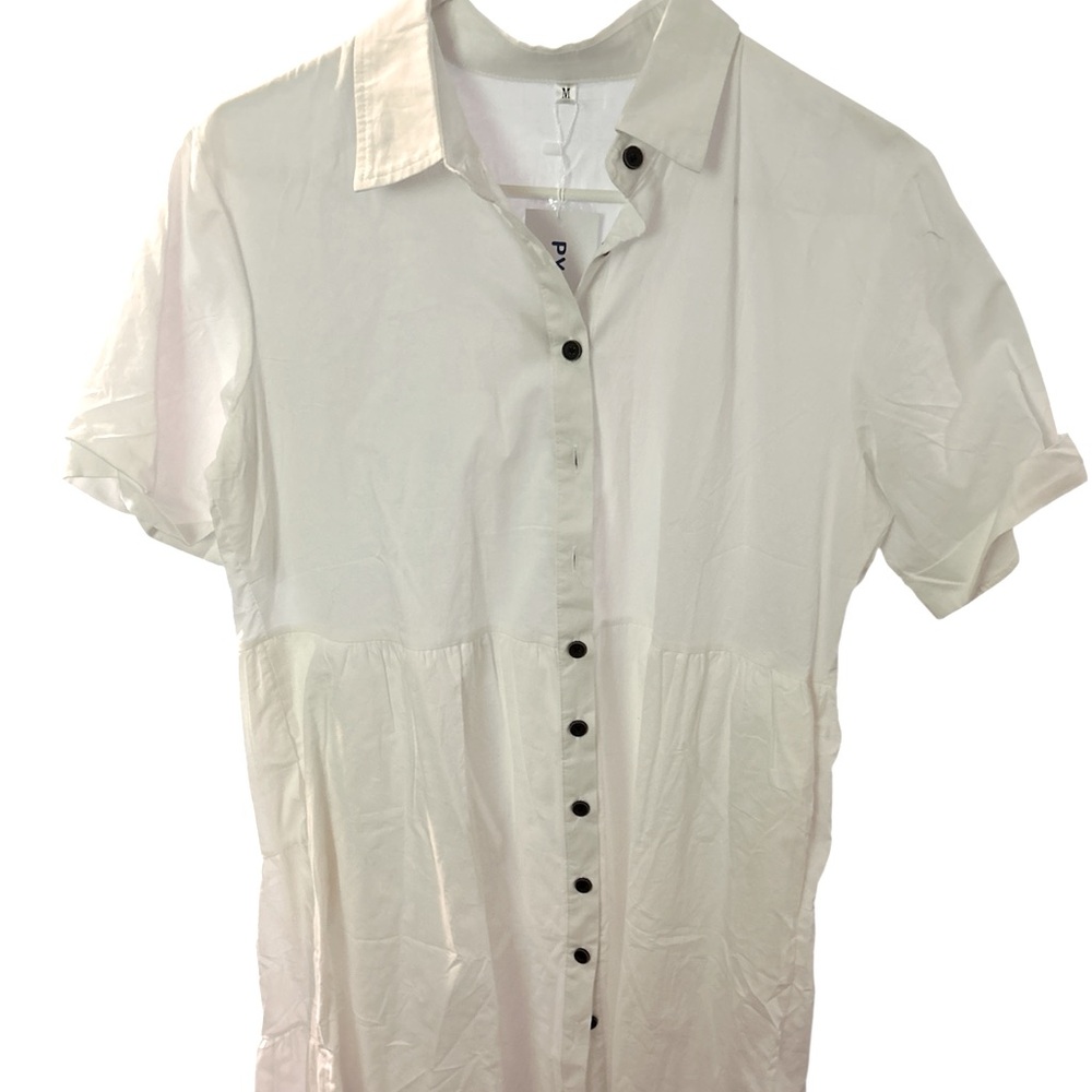 NWT White Button-Up Women’s Mini Dress with pockets PTP 19.5 L 34.5
